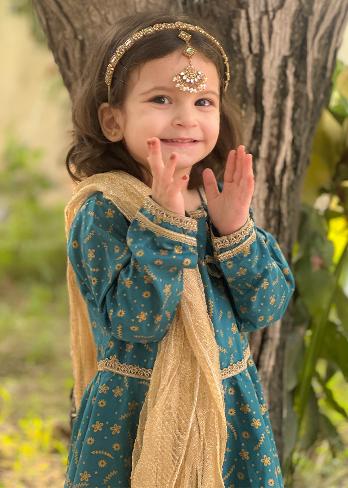 Modest Stitched 3 Piece Luxury Festive Kids Frock Collection'2025-Blue Ice