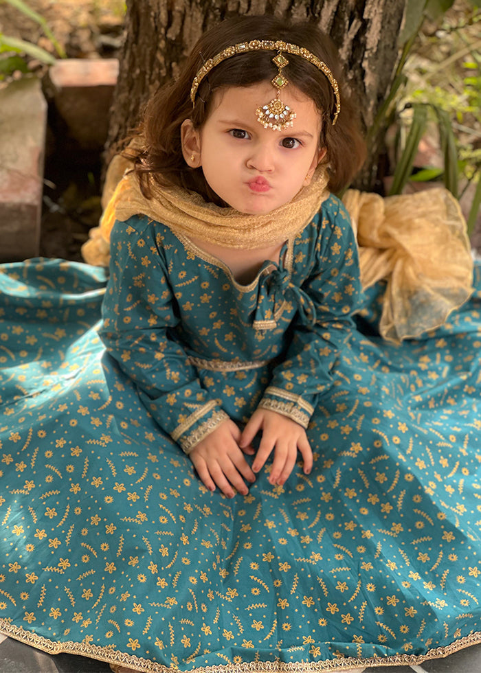 Modest Stitched 3 Piece Luxury Festive Kids Frock Collection'2025-Blue Ice