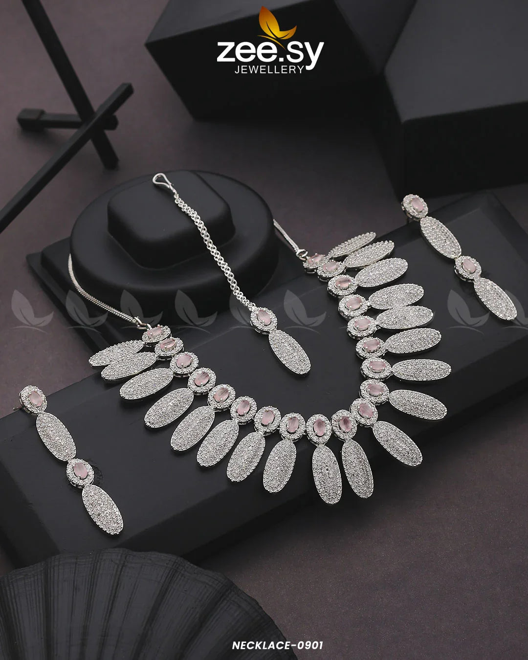 NECKLACE-0901 Silver Pink - Zeesy Jewellery