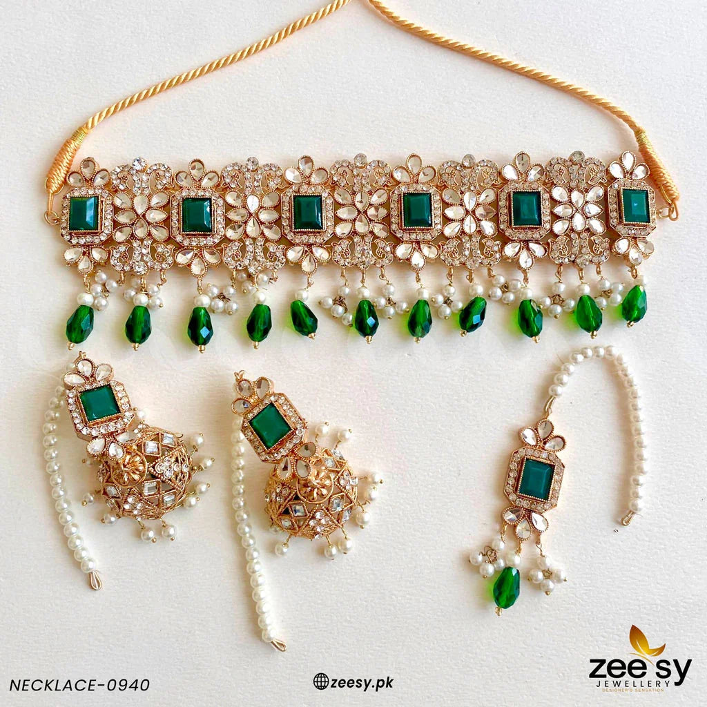 NECKLACE SET-0940 Golden Green - Zeesy Jewellery
