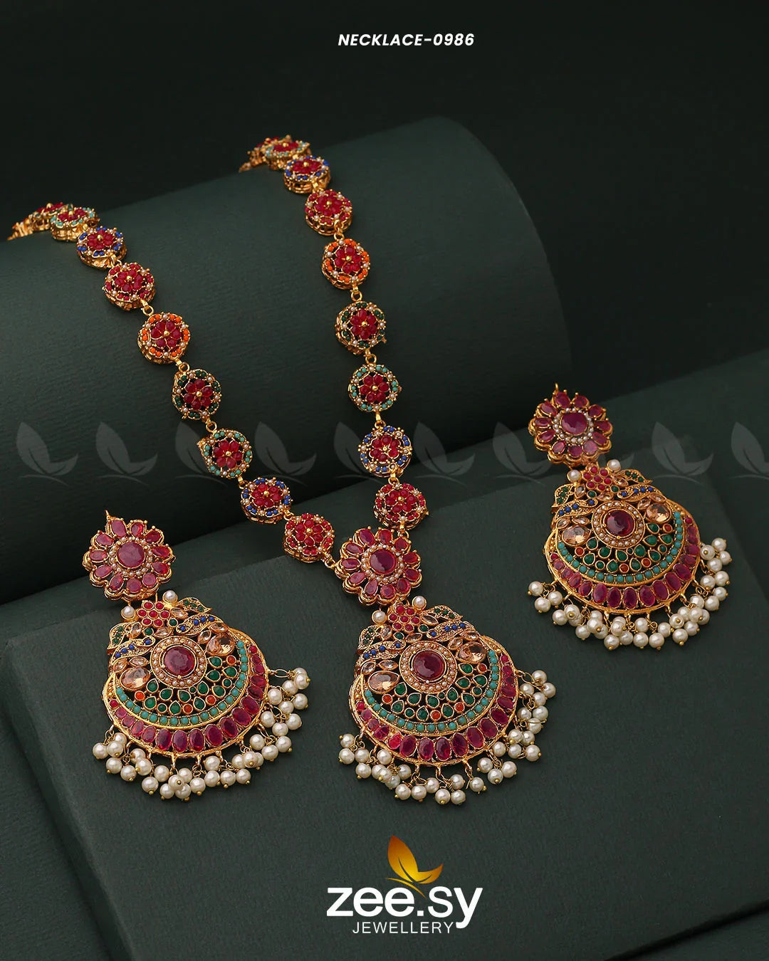 Multi-Toned Floral Malla Necklace Set Ruby - Zeesy Jewellery