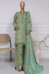 Bin Saeed Stitched 3 Piece Exc Printed Lawn With Farshi Shalwar Vol-02 Suit-NSM-2098-Olive