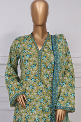 Bin Saeed Stitched 3 Piece Exc Printed Lawn With Farshi Shalwar Vol-02 Suit-NSM-2098-Olive