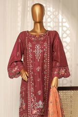 Bin Saeed Stitched 3 Piece Luxury Plain Cotton With Printed Back Suit-NSM-2178-Maroon