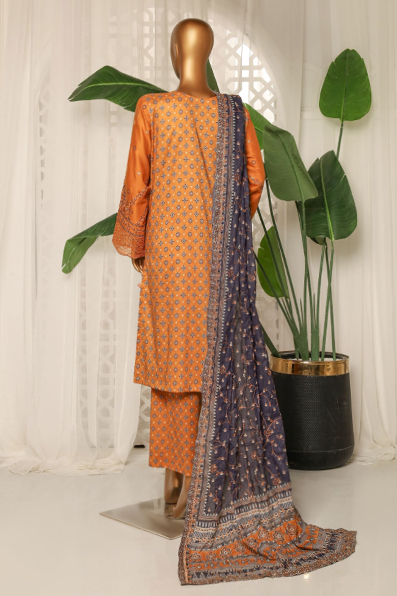 Bin Saeed Stitched 3 Piece Luxury Plain Cotton With Printed Back Collection'2025-NSM-2182-Mustard