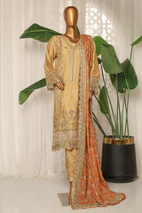 Bin Saeed Stitched 3 Piece Luxury Plain Cotton With Printed Back Suit-NSM-2184-Cream
