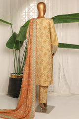 Bin Saeed Stitched 3 Piece Luxury Plain Cotton With Printed Back Suit-NSM-2184-Cream