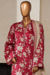 Bin Saeed Stitched 3 Piece Exc Printed Lawn With Farshi Shalwar Vol-01 Suit-NSM-2202-Maroon