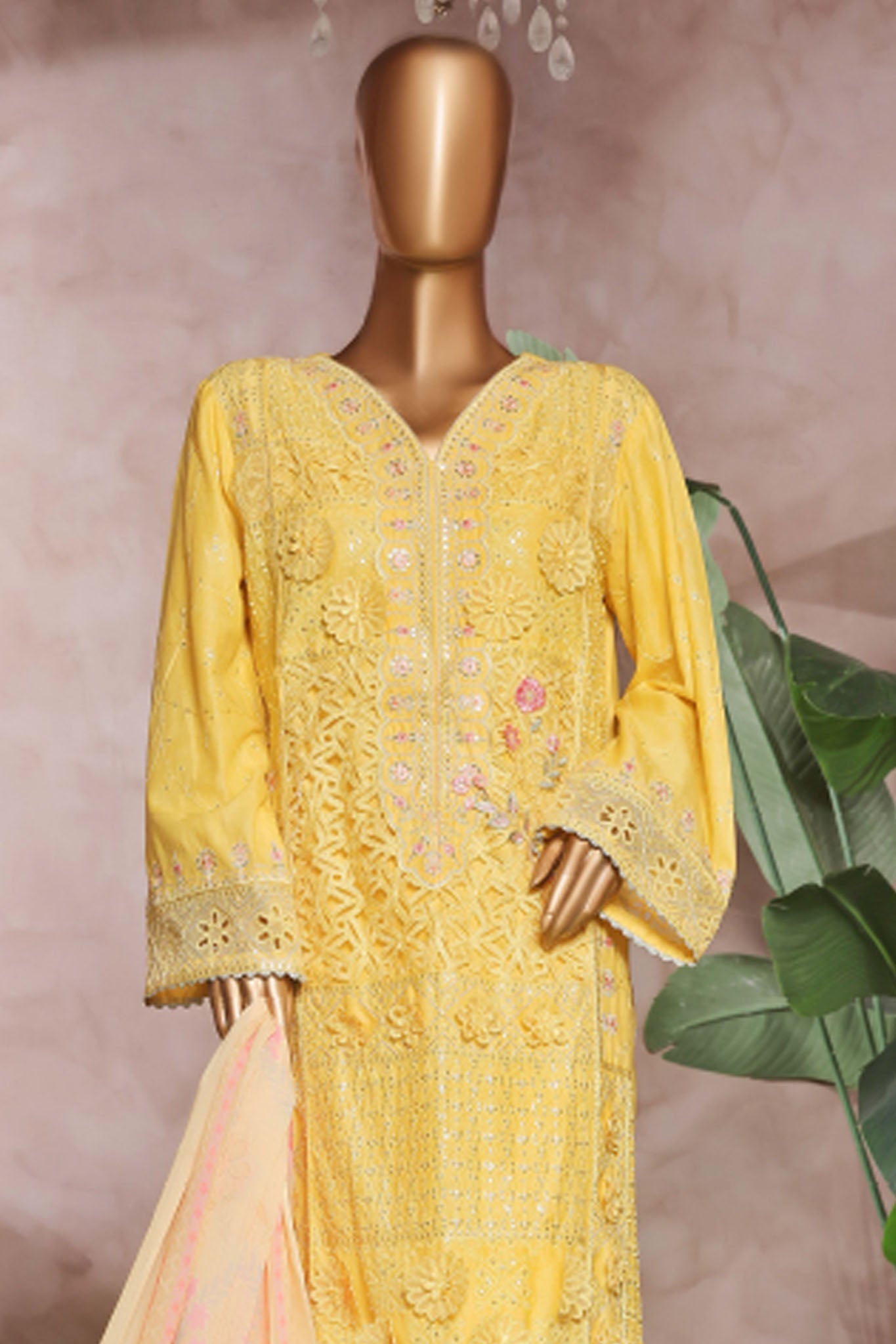 Bin Saeed Stitched 3 Piece Luxe Self & Self Collection'2025-NSM-2223-Yellow