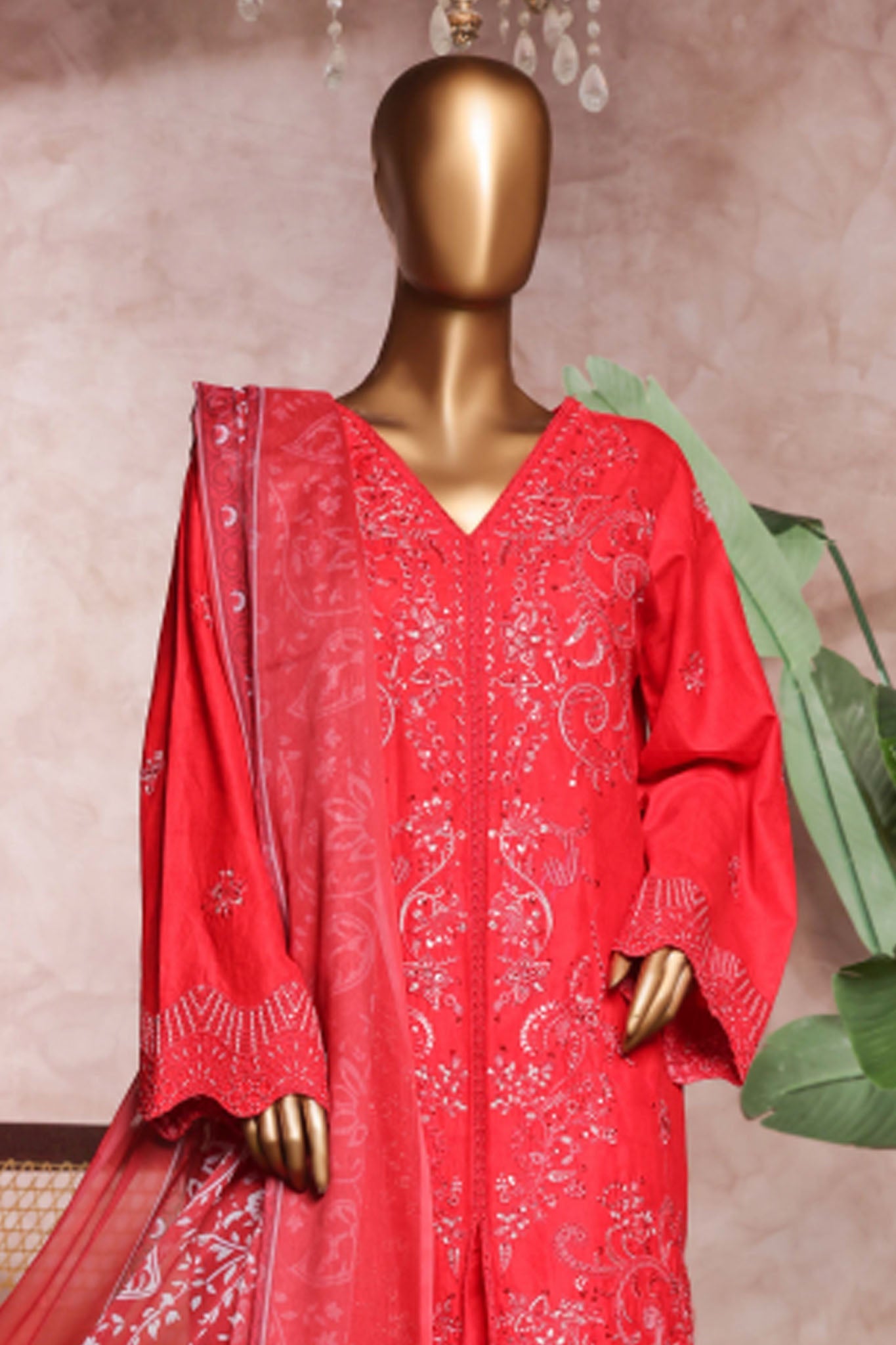 Bin Saeed Stitched 3 Piece Luxe Self & Self Collection'2025-NSM-2225-Red