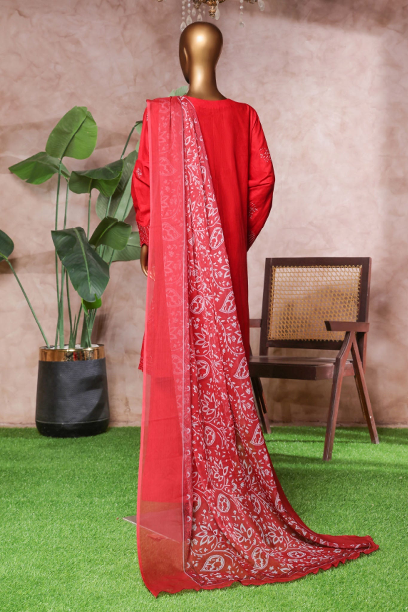 Bin Saeed Stitched 3 Piece Luxe Self & Self Collection'2025-NSM-2225-Red