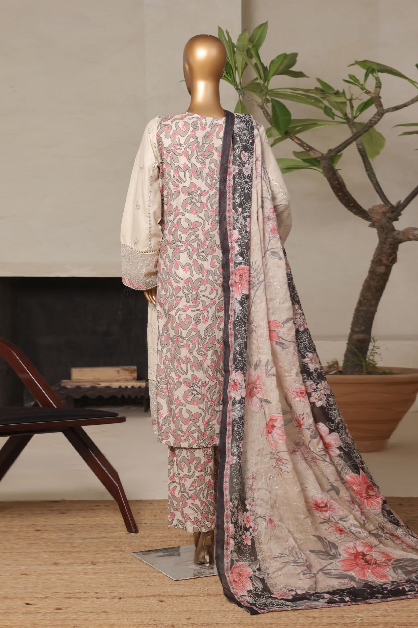 Bin Saeed Stitched 3 Piece Luxury Plain Cotton With Printed Back Vol-02 Collection'2025-NSM-2228-Skin