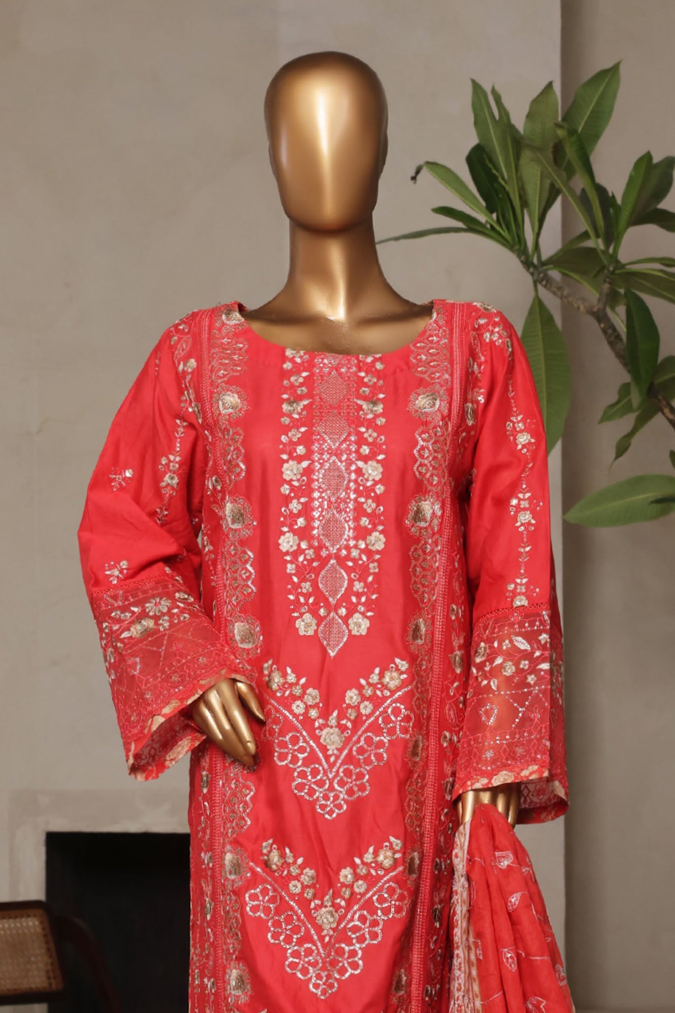 Bin Saeed Stitched 3 Piece Luxury Plain Cotton With Printed Back Vol-02 Collection'2025-NSM-2229-Orange
