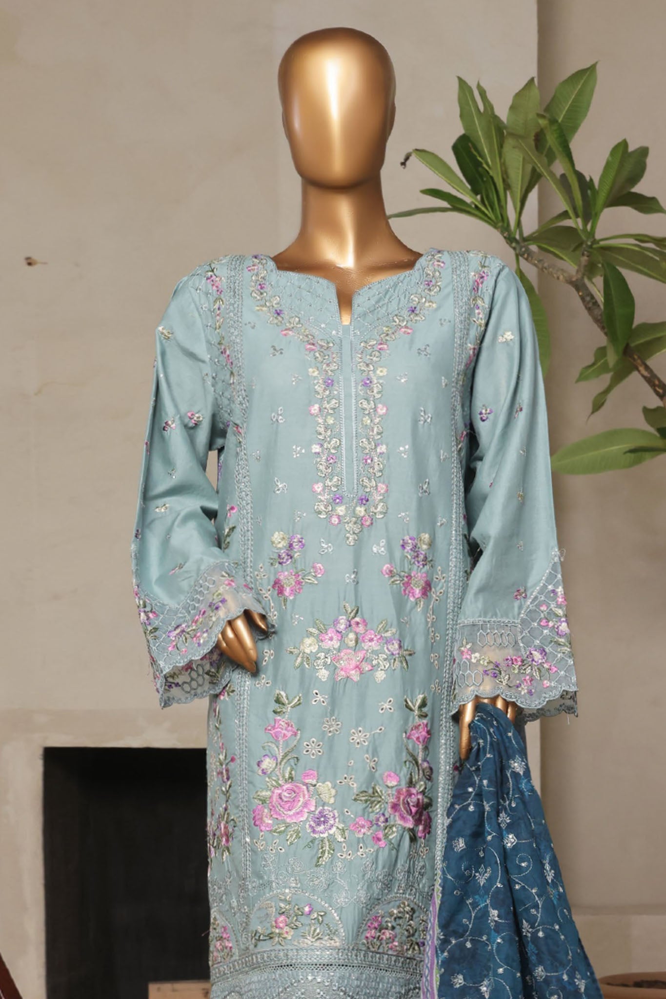 Bin Saeed Stitched 3 Piece Luxury Plain Cotton With Printed Back Vol-02 Collection'2025-NSM-2234-Ice