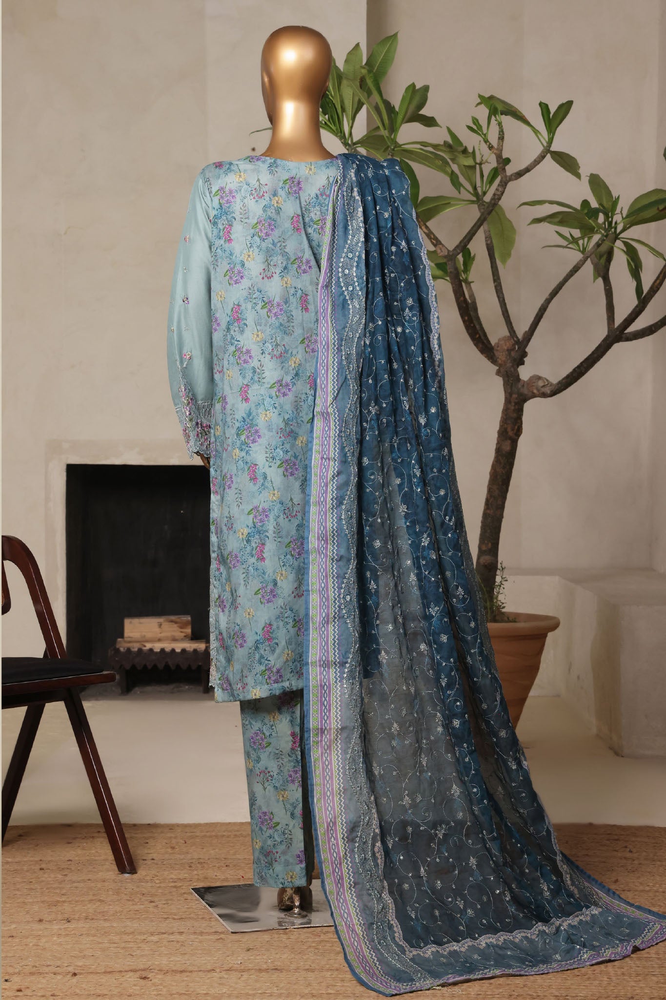 Bin Saeed Stitched 3 Piece Luxury Plain Cotton With Printed Back Vol-02 Collection'2025-NSM-2234-Ice