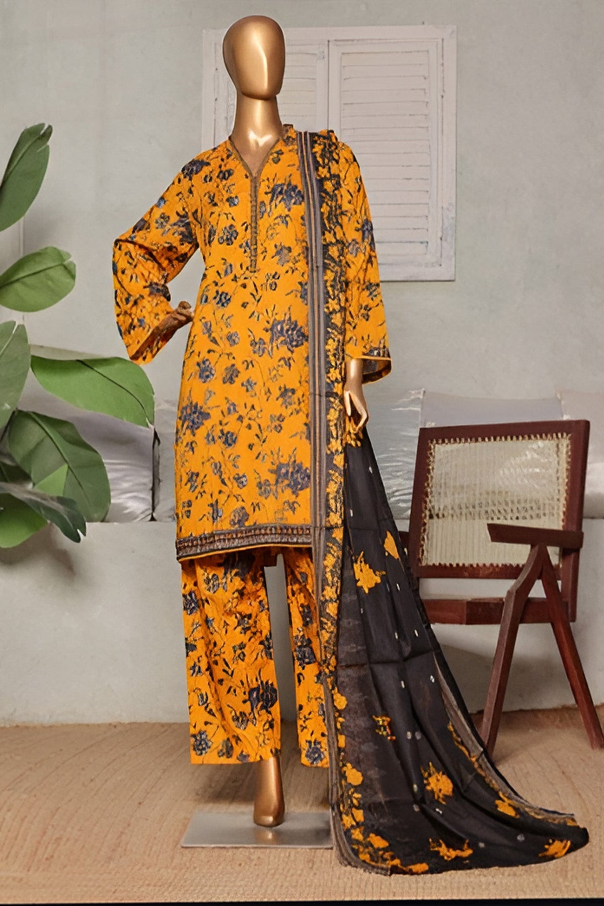 Classic Charm Modern Thread By Bin Saeed Stitched 3 Piece Lawn Collection'2025-NSM-2348-Mustard