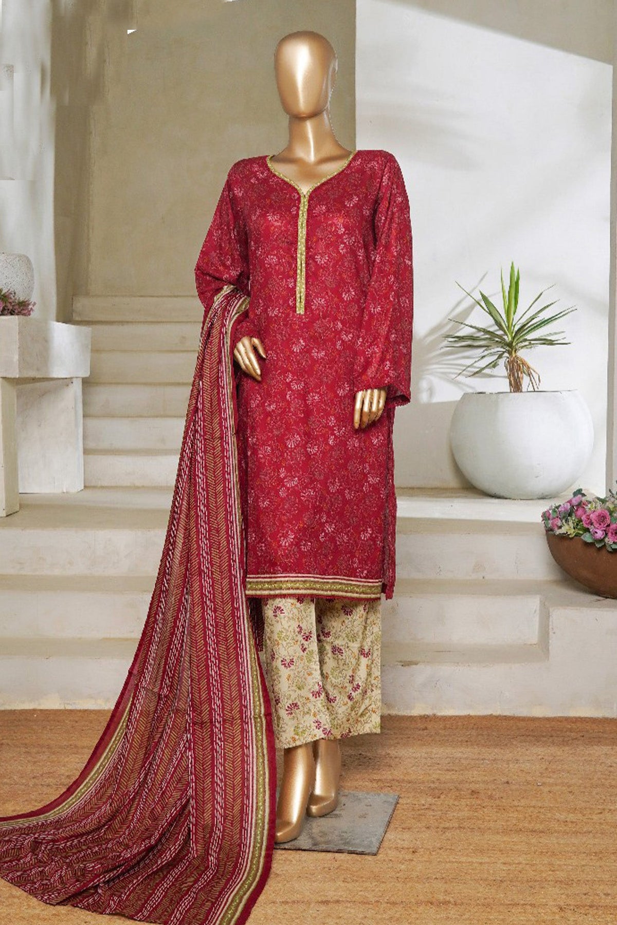 Classic Charm Modern Thread By Bin Saeed Stitched 3 Piece Lawn Collection'2025-NSM-2352-Maroon