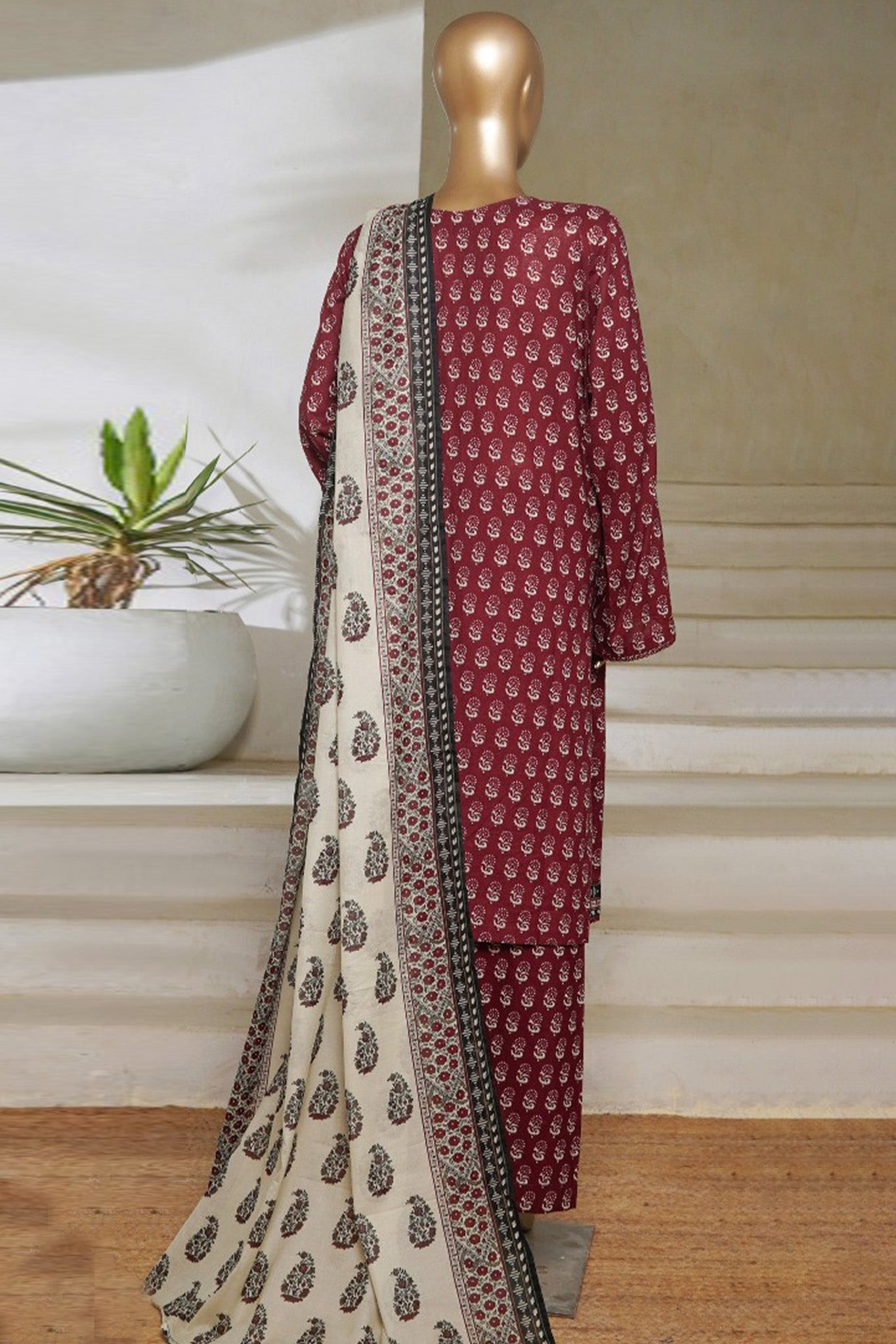 Classic Charm Modern Thread By Bin Saeed Stitched 3 Piece Lawn Collection'2025-NSM-2357-Maroon