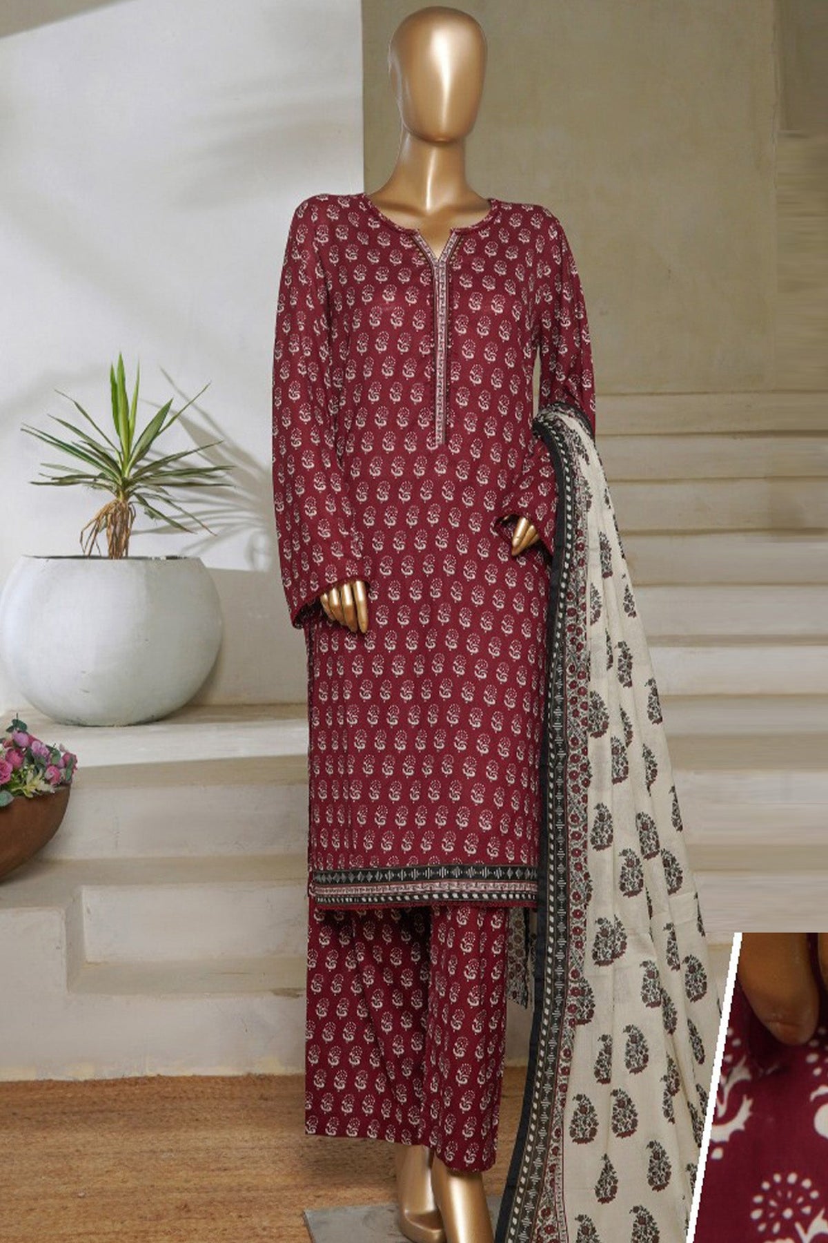 Classic Charm Modern Thread By Bin Saeed Stitched 3 Piece Lawn Collection'2025-NSM-2357-Maroon