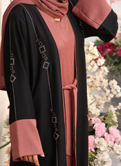 Hijab Ul Hareem Double Breast Stone Work Abaya Midnight Rose 0122-RC-739