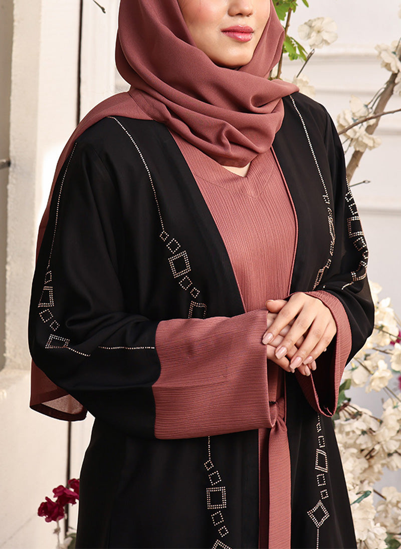 Hijab Ul Hareem Double Breast Stone Work Abaya Midnight Rose 0122-RC-739