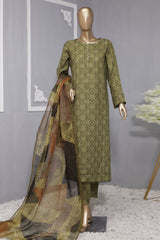 Hz Organic Unstitched 3 Piece Co Ords Printed Lawn Suit-OC-503