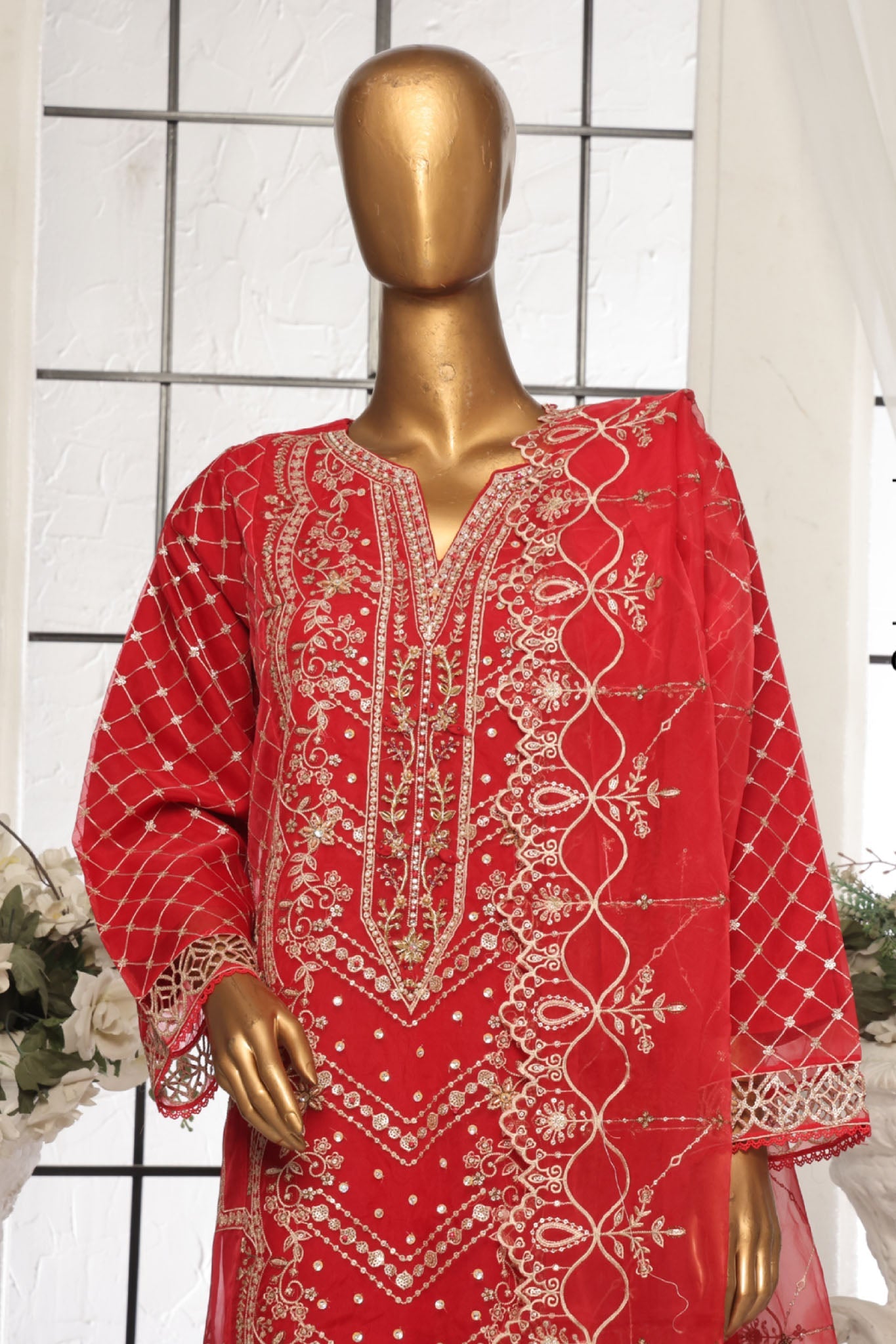 Bin Saeed Stitched 3 Piece Luxury Emb Organza Collection'2025-OWS-1588-Red