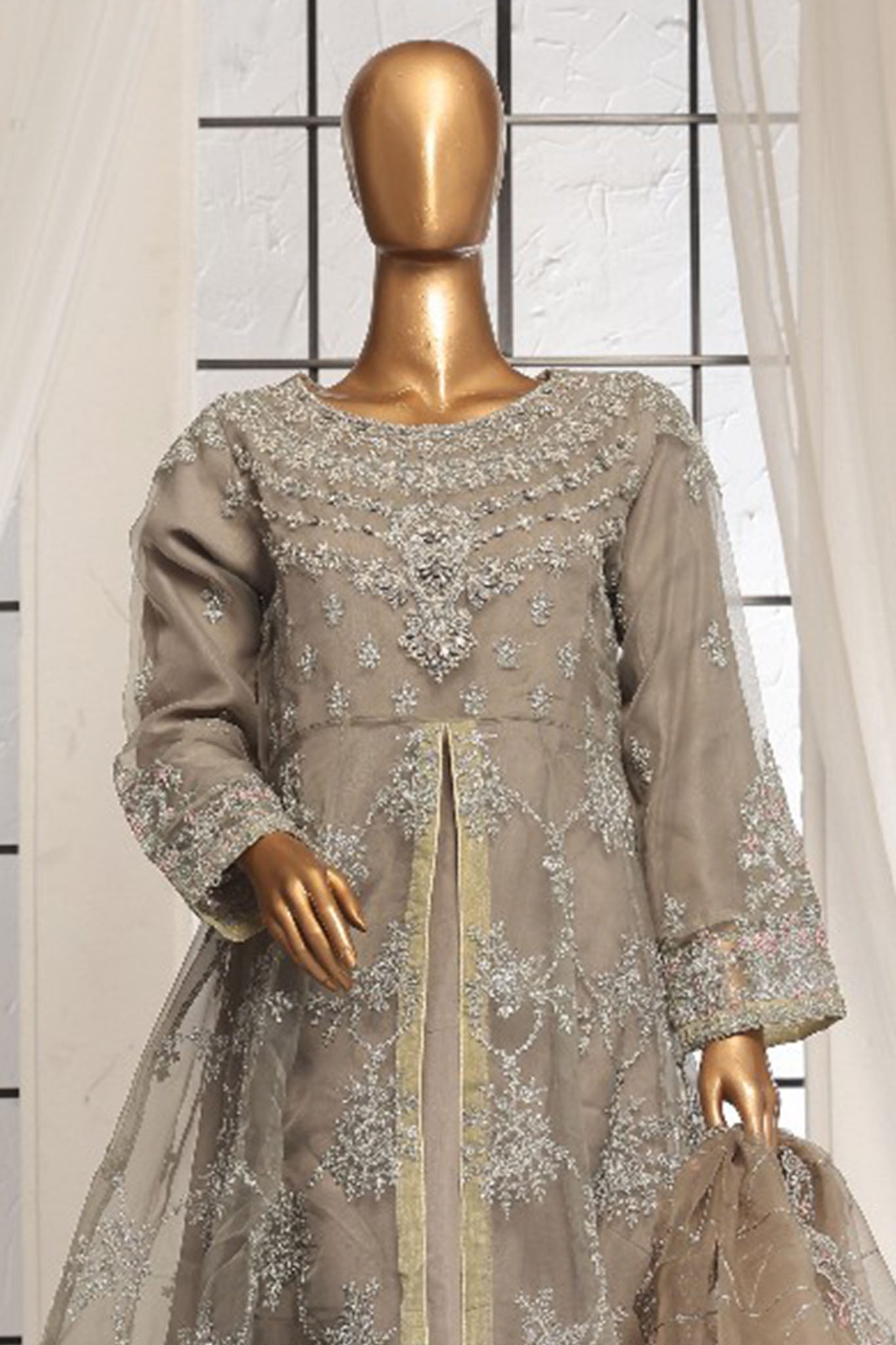Bin Saeed Stitched 3 Piece Luxury Emb Organza Frock Collection'2025-OWS-1832-Grey