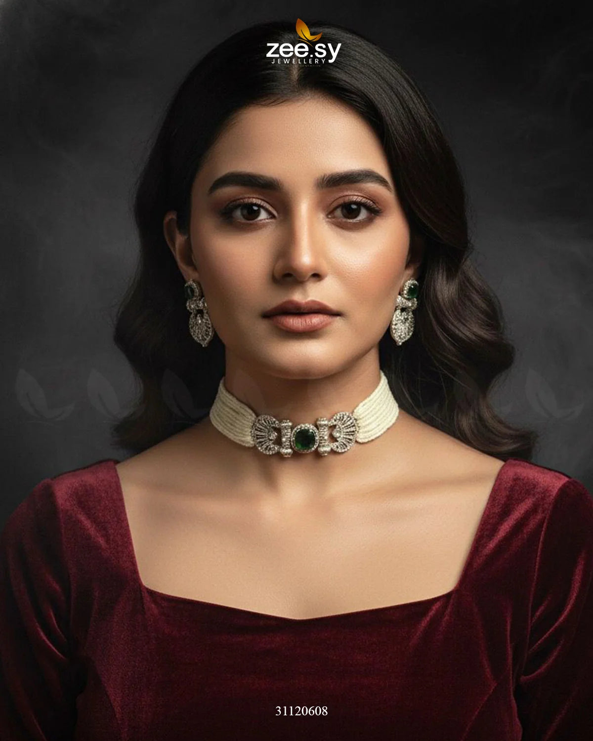 Obelisk Rhodium Polished Choker Set Silver Green - Zeesy Jewellery