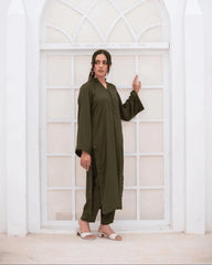 Zauk Stitched Co Ords Solids Set Suit-Olive Green
