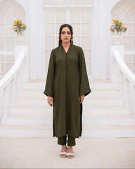 Zauk Stitched Co Ords Solids Set Suit-Olive Green