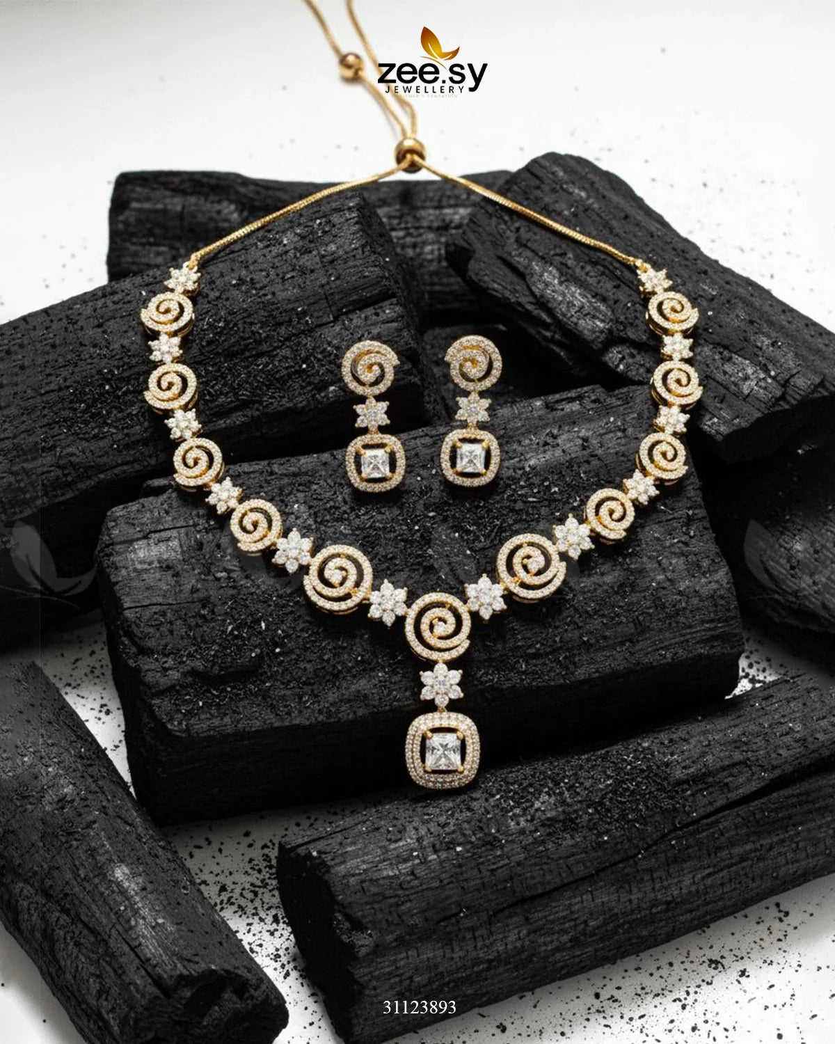 Opulent Vestige Crystal Necklace Set Golden White - Zeesy Jewellery
