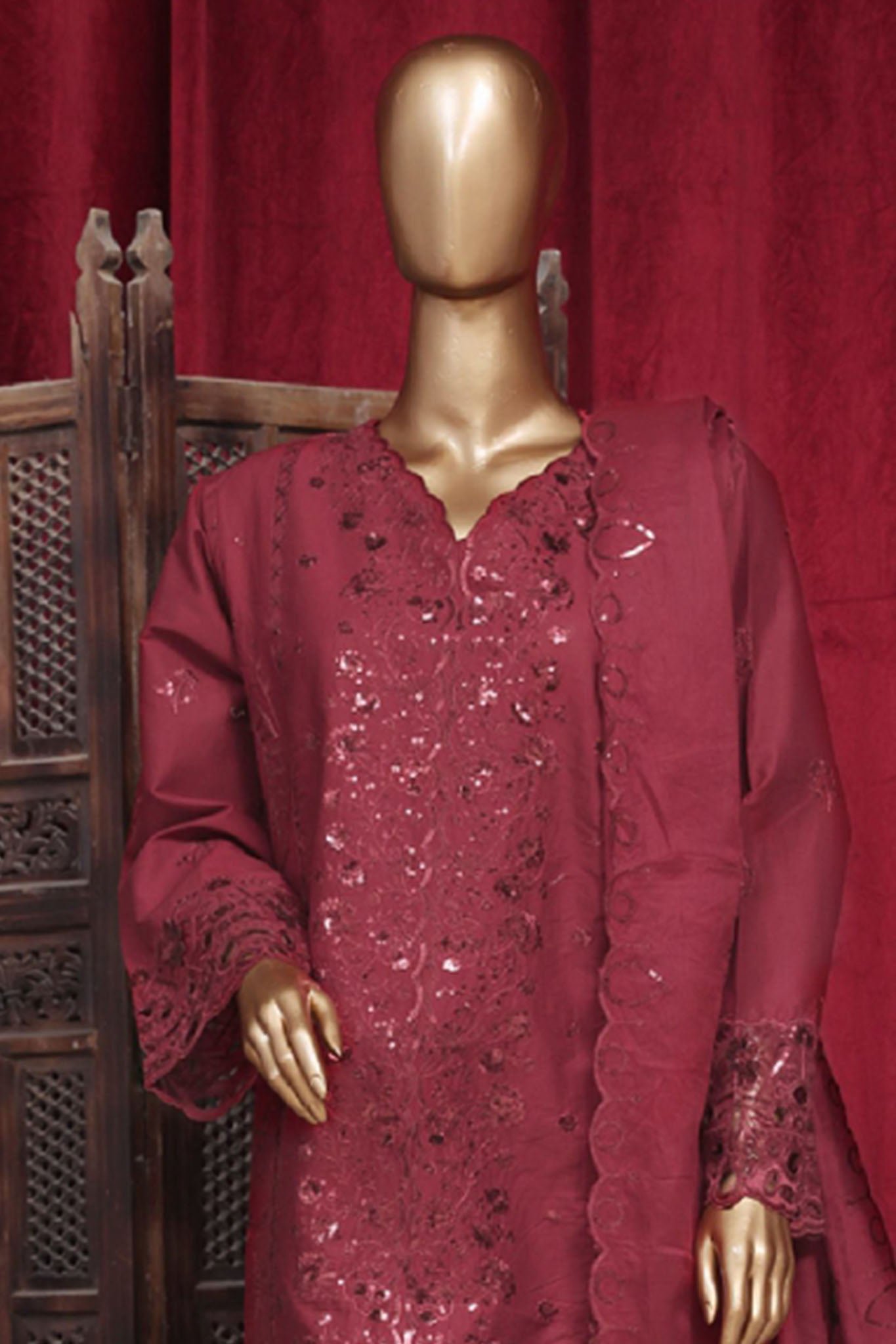 Bin Saeed Stitched 3 Piece Luxury Plain Emb Cotton Vol-03 Collection-PC-1808-Red