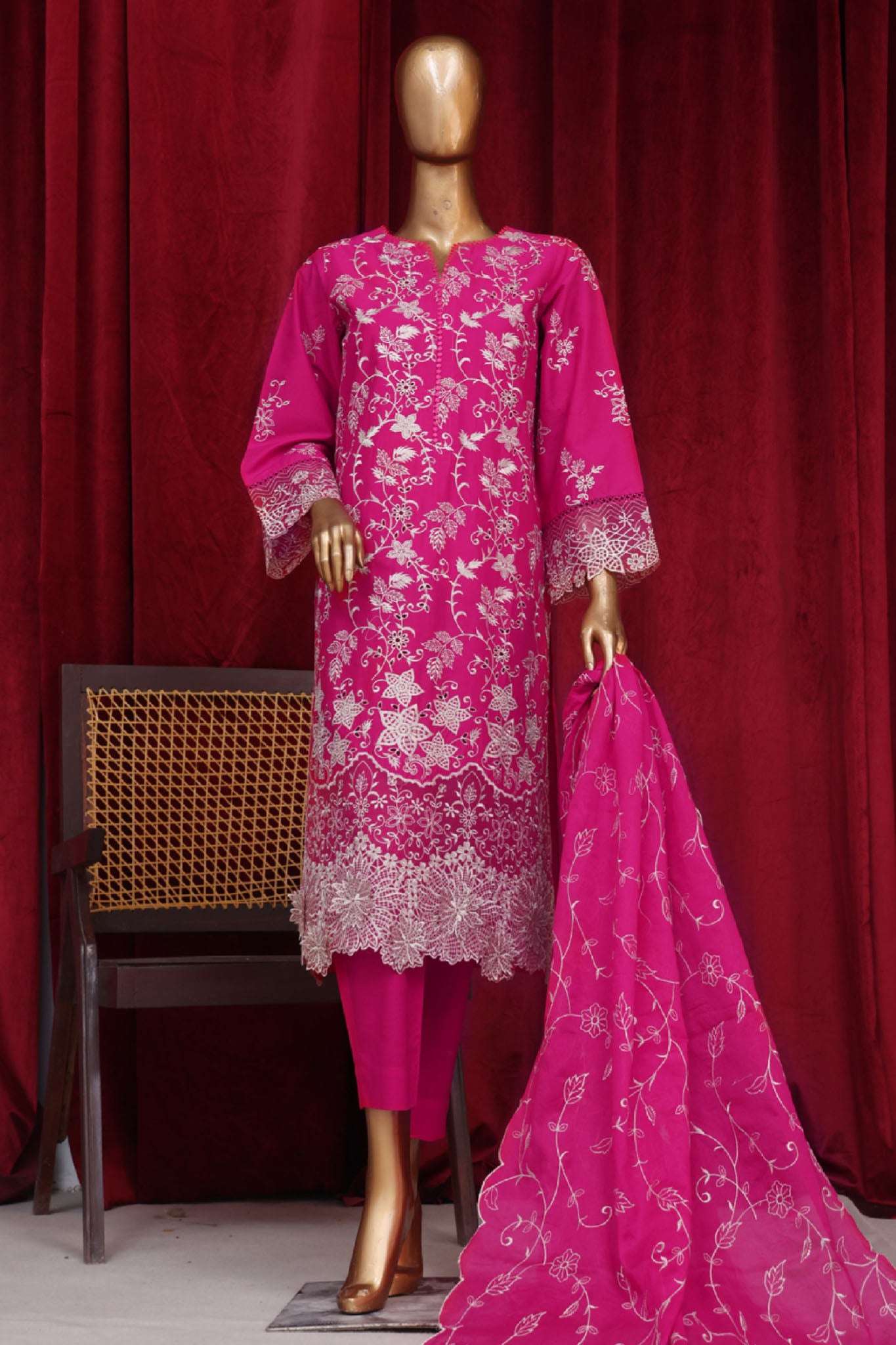 Bin Saeed Stitched 3 Piece Luxury Plain Cotton Vol-01 Collection-PC-28620-Magenta