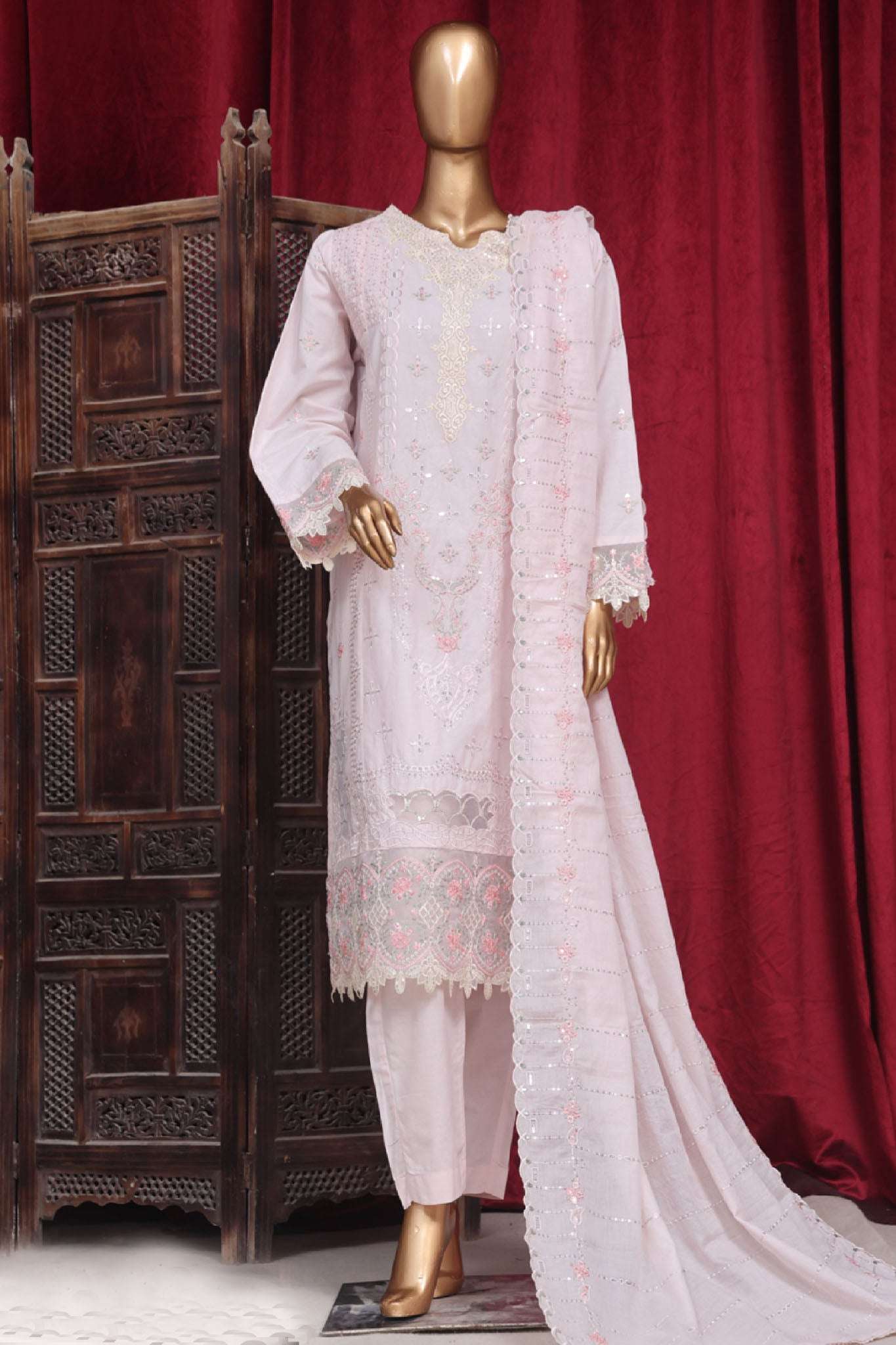 Bin Saeed Stitched 3 Piece Luxury Plain Cotton Vol-01 Collection-PC-28621-Light Pink