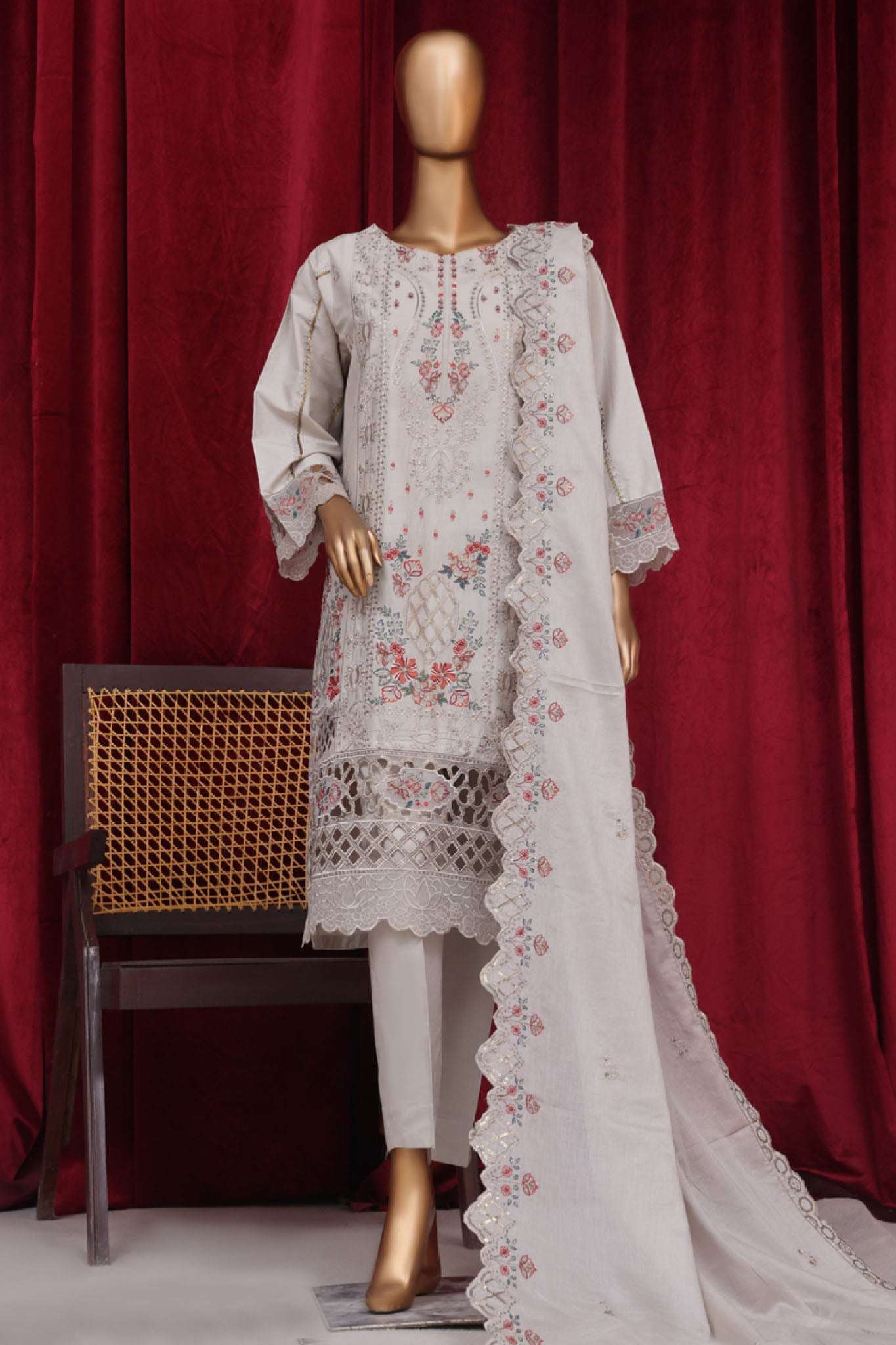 Bin Saeed Stitched 3 Piece Luxury Plain Cotton Vol-01 Collection-PC-28622-Off White
