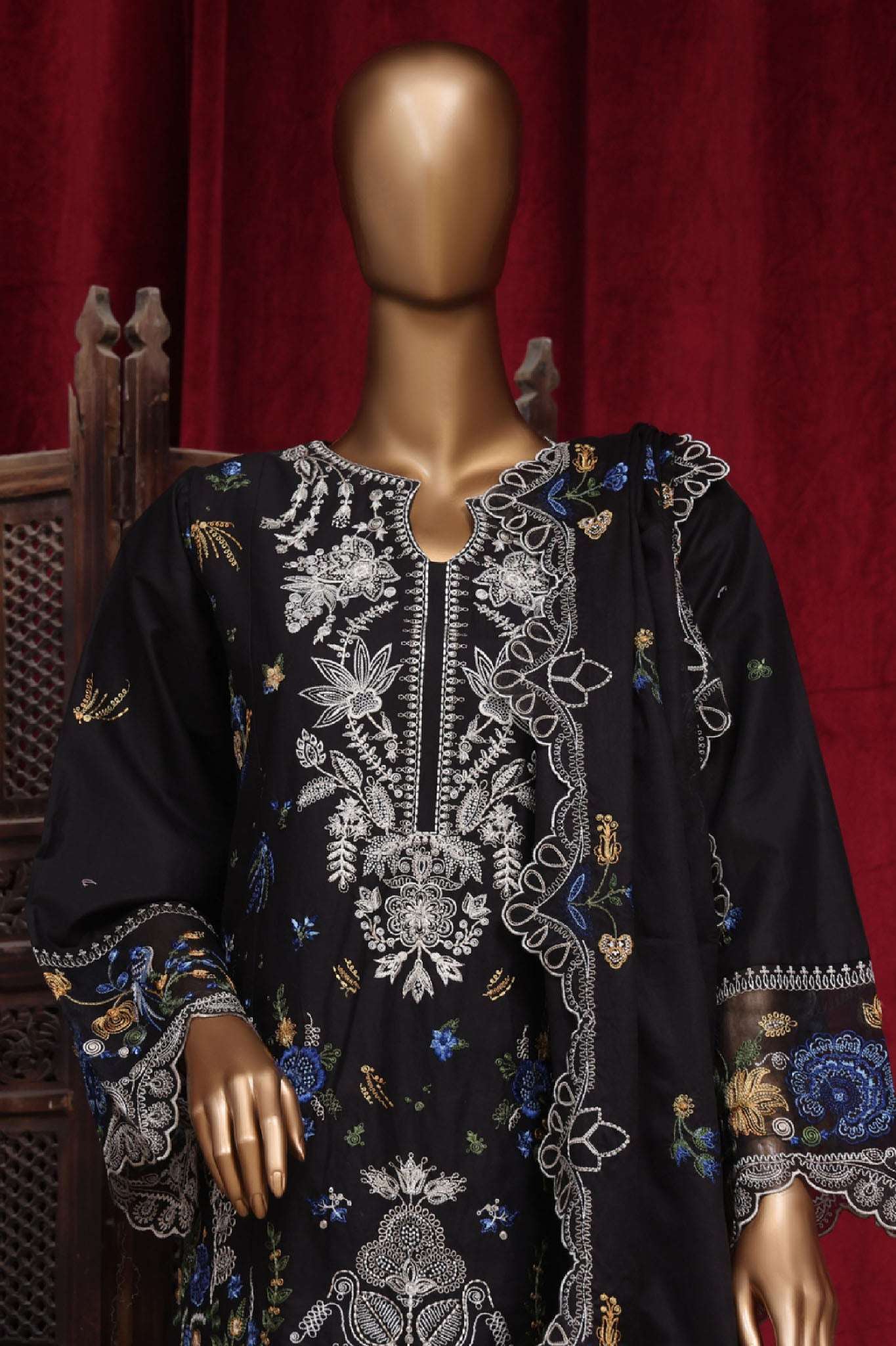 Bin Saeed Stitched 3 Piece Luxury Plain Cotton Vol-01 Collection-PC-28623-Black
