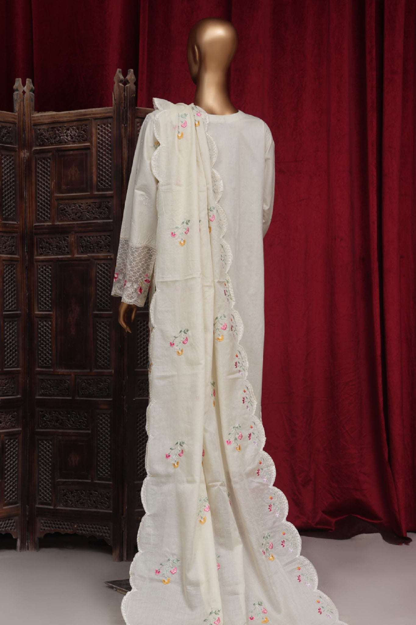 Bin Saeed Stitched 3 Piece Luxury Plain Cotton Vol-01 Collection-PC-28624-Off White