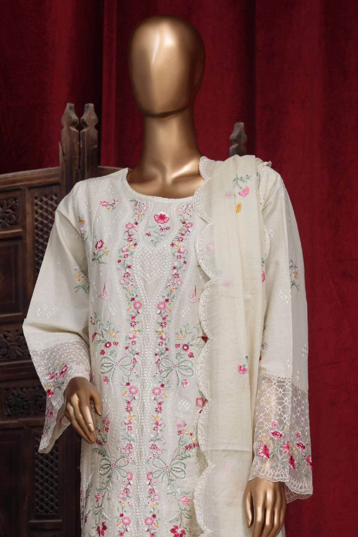 Bin Saeed Stitched 3 Piece Luxury Plain Cotton Vol-01 Collection-PC-28624-Off White
