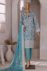 HZ Stitched 3 Piece Printkari Emb Lawn Suit-PKL-404