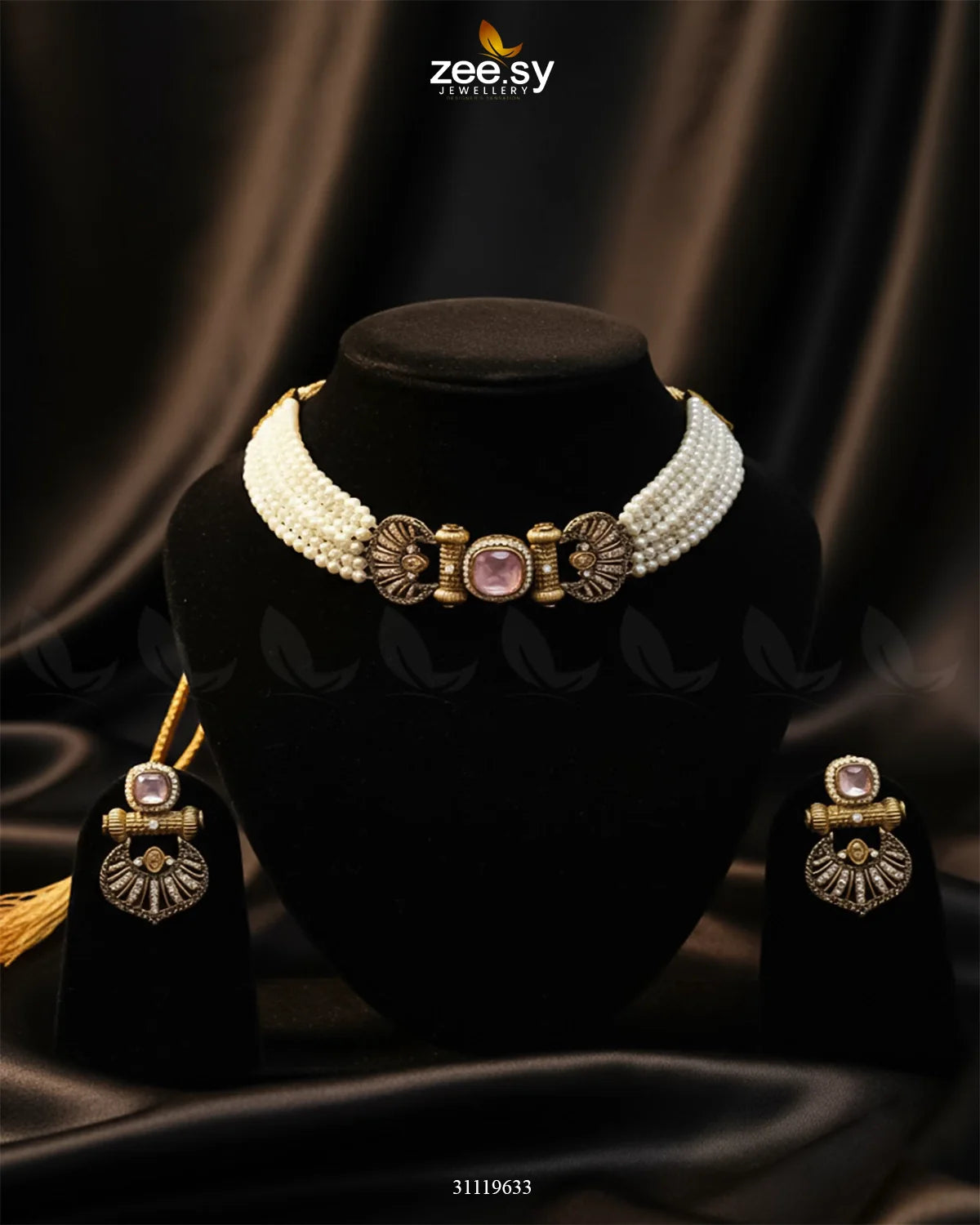 Obelisk Rhodium Polished Choker Set Golden Pink - Zeesy Jewellery