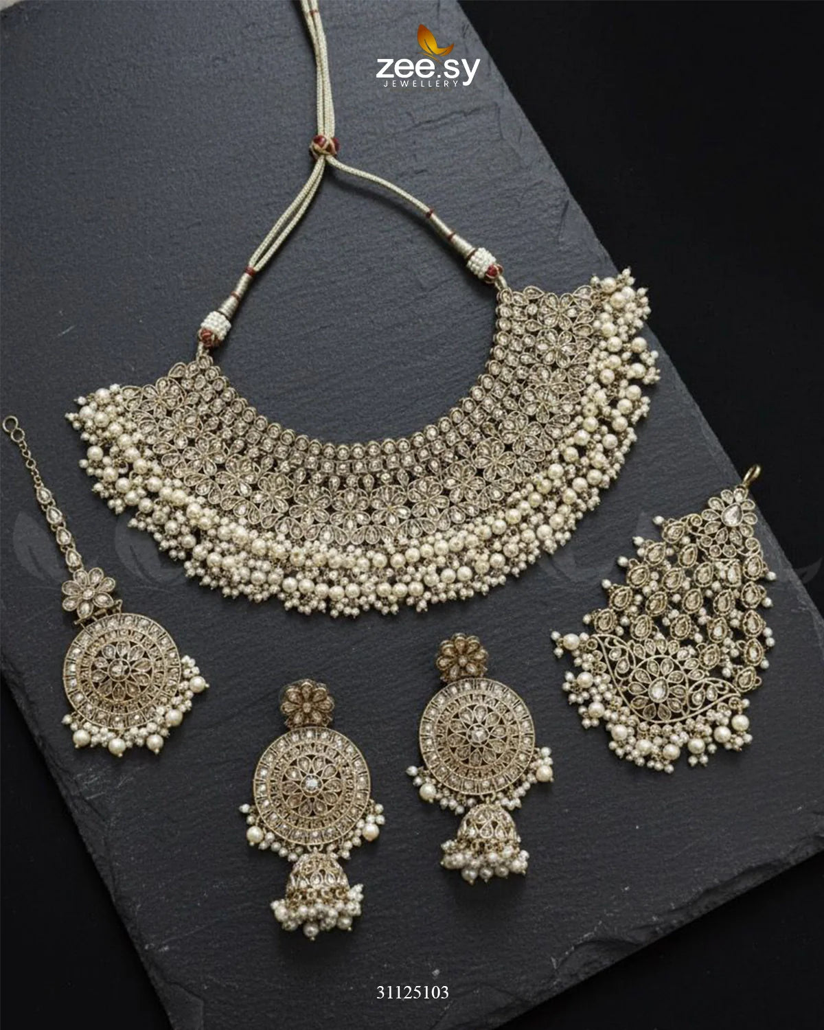 Precious Moitif Ornate Bridal Set Golden Pearl - Zeesy Jewellery