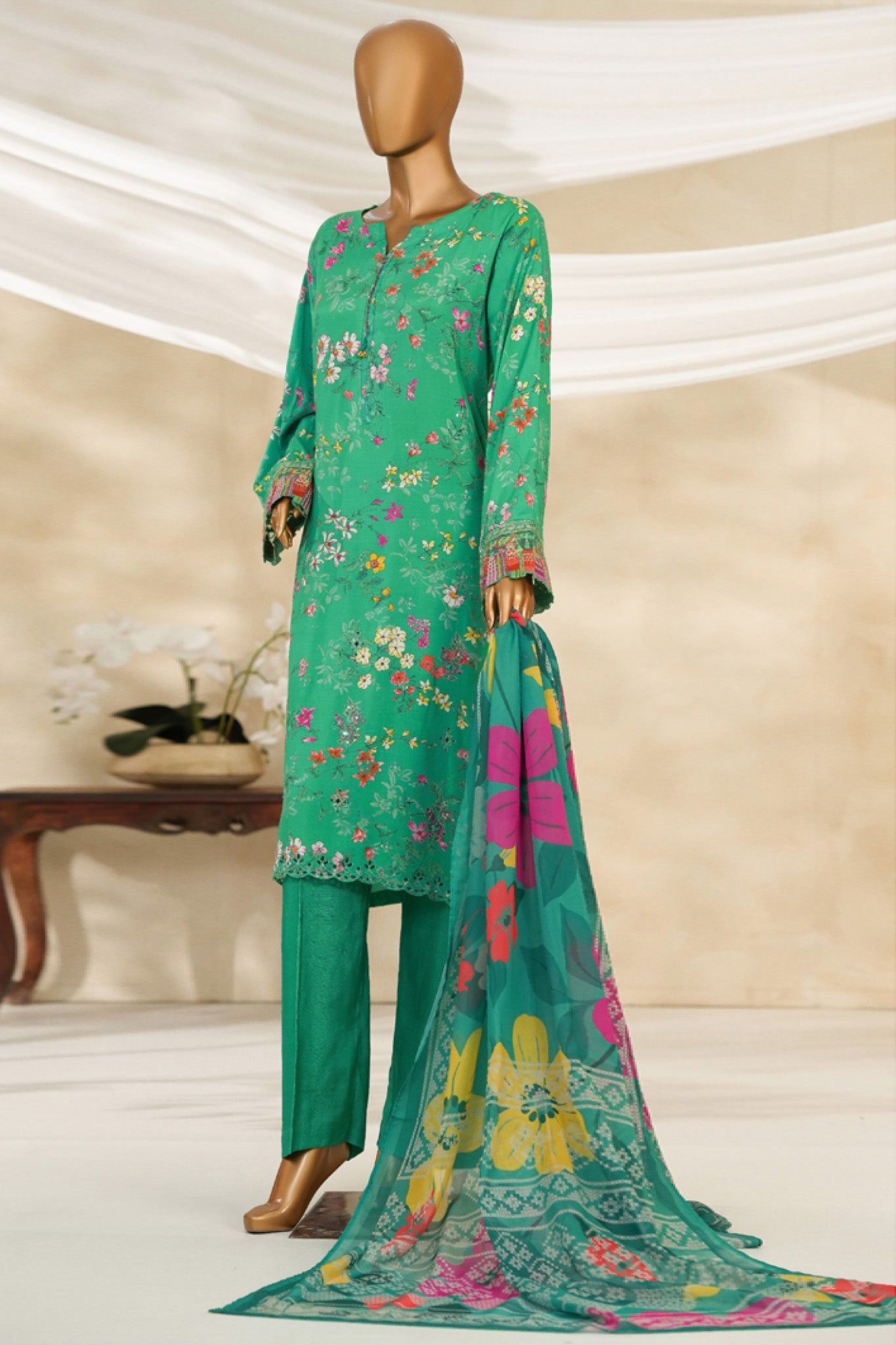 Majestic By HZ Stitched 3 Piece Emb Silk Collection'2025-RRE-109-Parrot Green