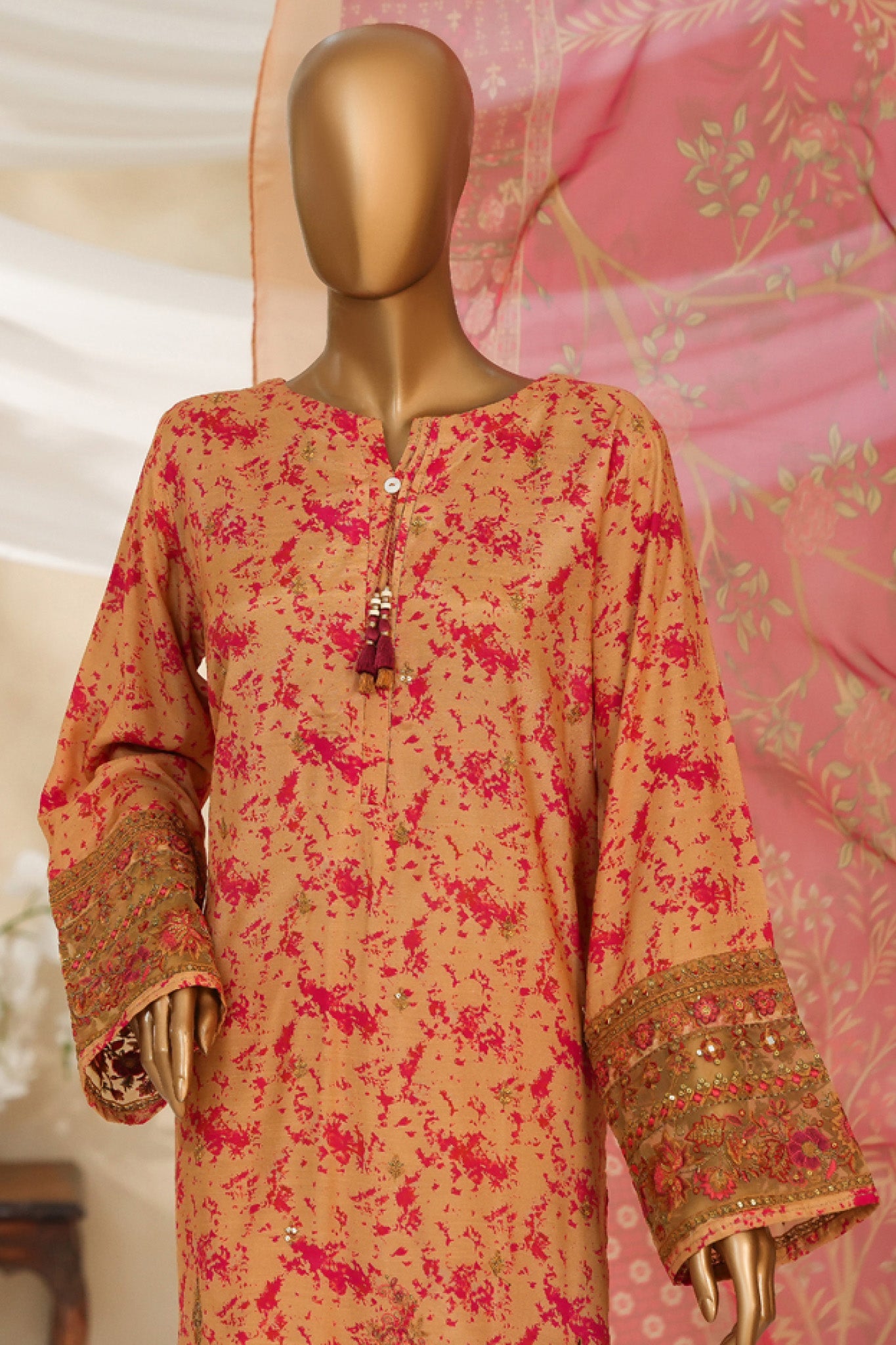 Majestic By HZ Stitched 3 Piece Emb Silk Collection'2025-RRE-110-Peach