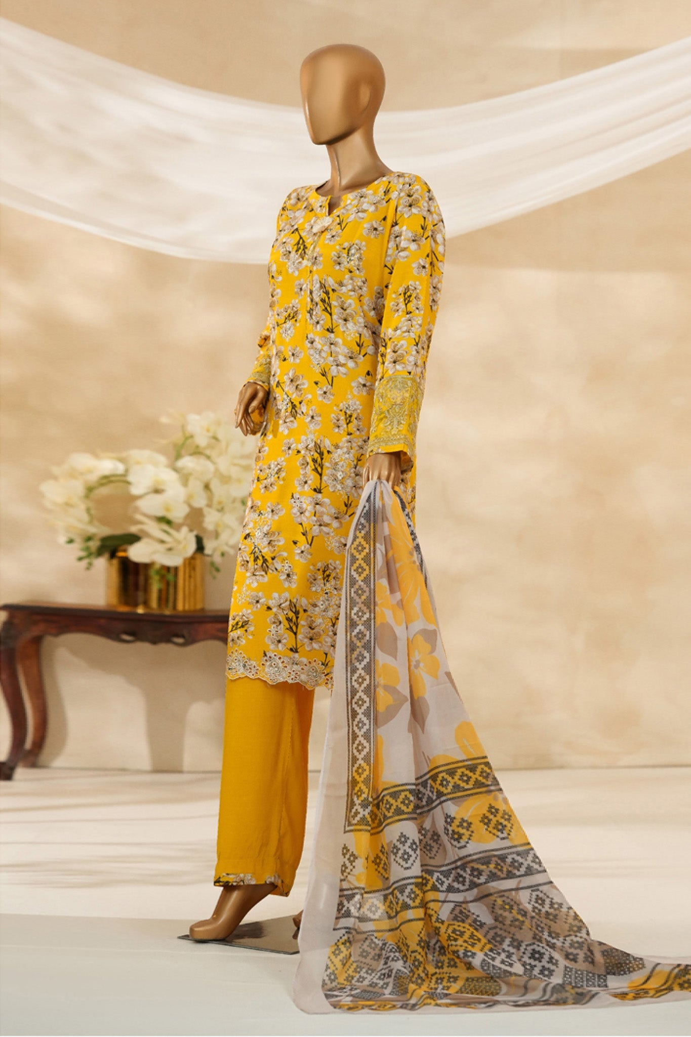 Majestic By HZ Stitched 3 Piece Emb Silk Collection'2025-RRE-112-Yellow