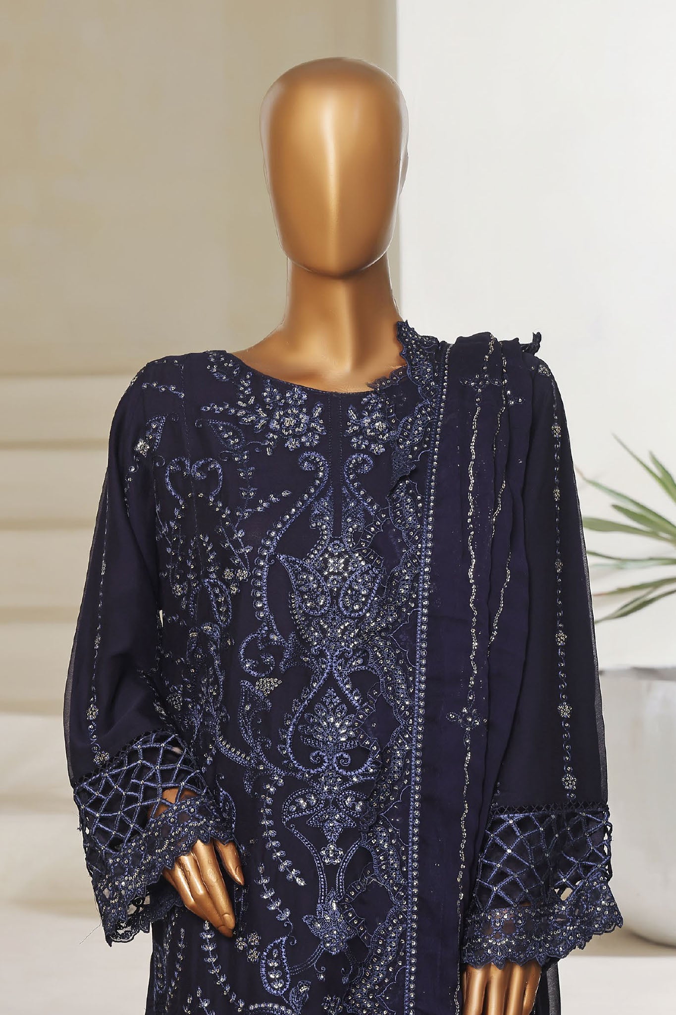 Bin Saeed Stitched 3 Piece Luxury Emb Chiffon Collection'2025-RTSC-2148-Navy Blue