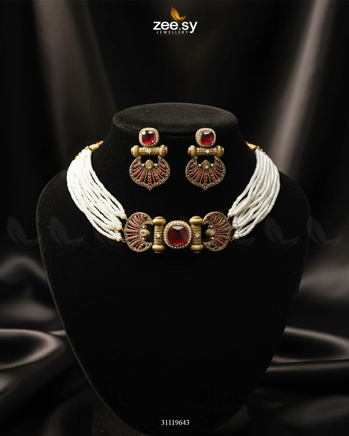 Obelisk Rhodium Polished Choker Set Golden Red - Zeesy Jewellery