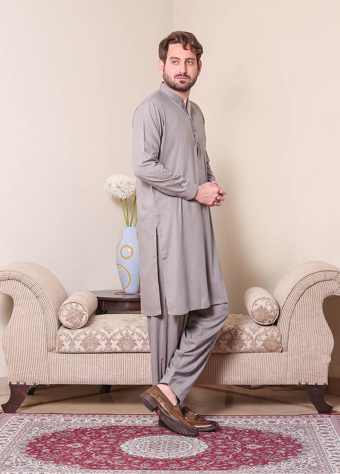 Real Image Mens Kurta Shalwar Winter Collection'2025-P-62sc Light Brown