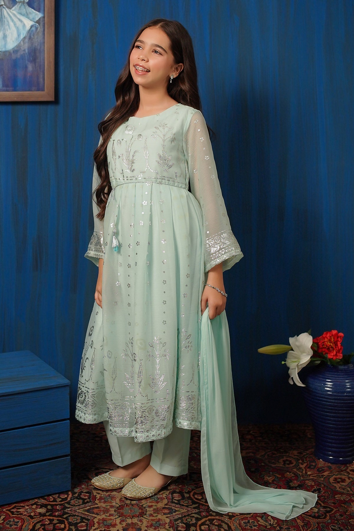 Chiffon Foil Printed 3 Pc Suit - Wear Ochre