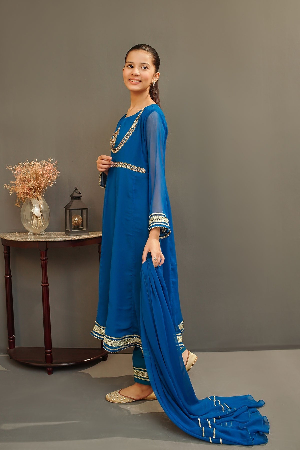 Ochre Clothing Girls Full Suits Chiffon Hand Adda Work 3 Pc Suit